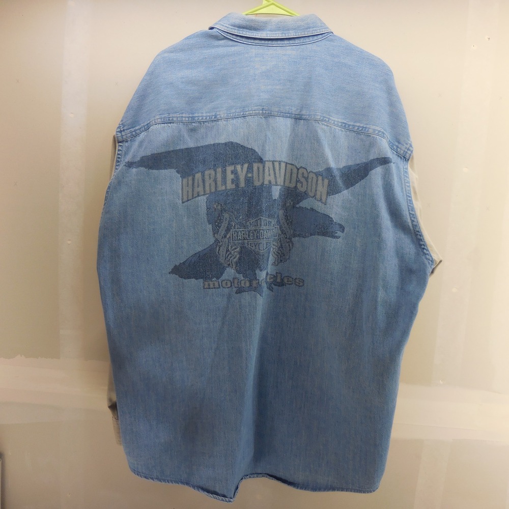 Vintage Harley-Davidson Biker Blues Denim Shirt 2XL Blue Tan Two Tone Eagle Back